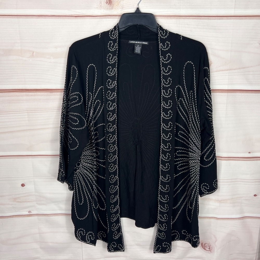 Lauren Michelle Cardigan Women 1X Black Embroider Open Front Knit‎ Solid Sweater